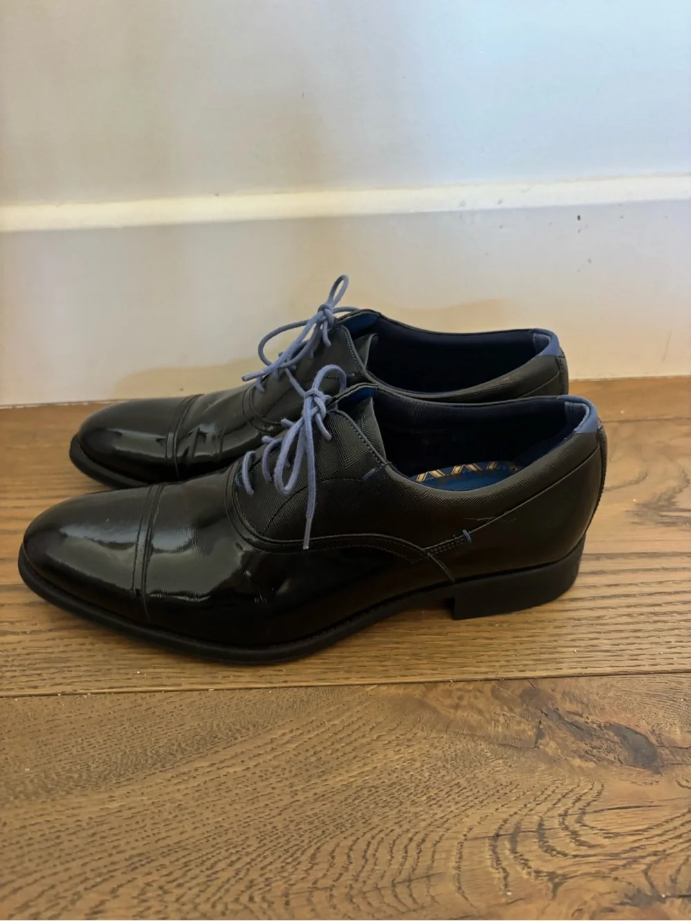 Ted Baker London Black Patent Cap-Toe Oxfords with blue Laces